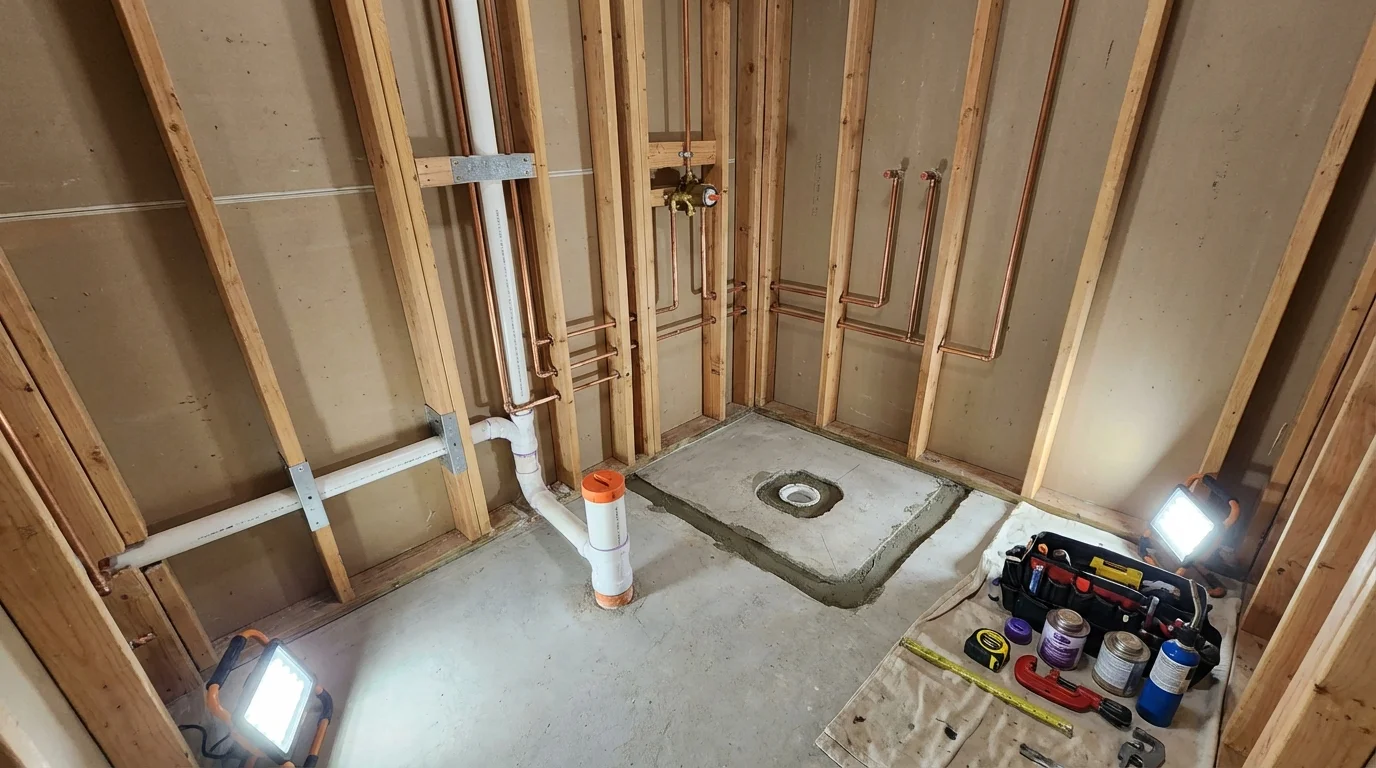 Bathroom rough-in plumbing during remodel by Johns Plumbing LLC in Santa Maria