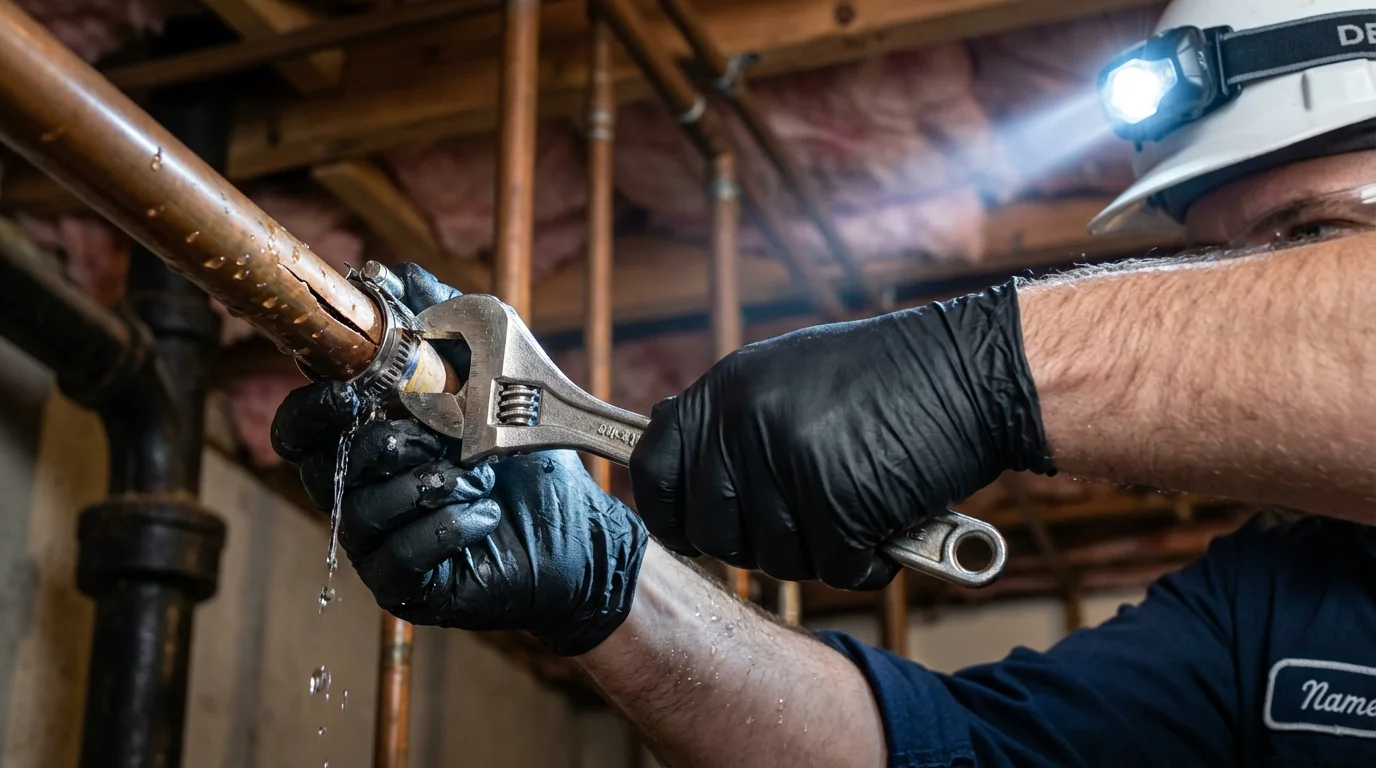 Emergency pipe clamp repair being performed by a Johns Plumbing LLC plumber in Santa Maria