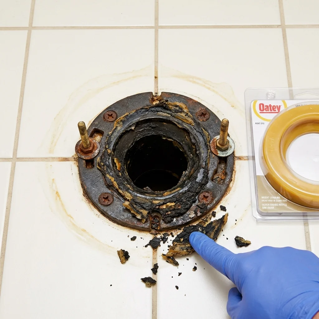 Failed wax ring showing water seepage at the base of a toilet in a Santa Maria, CA home