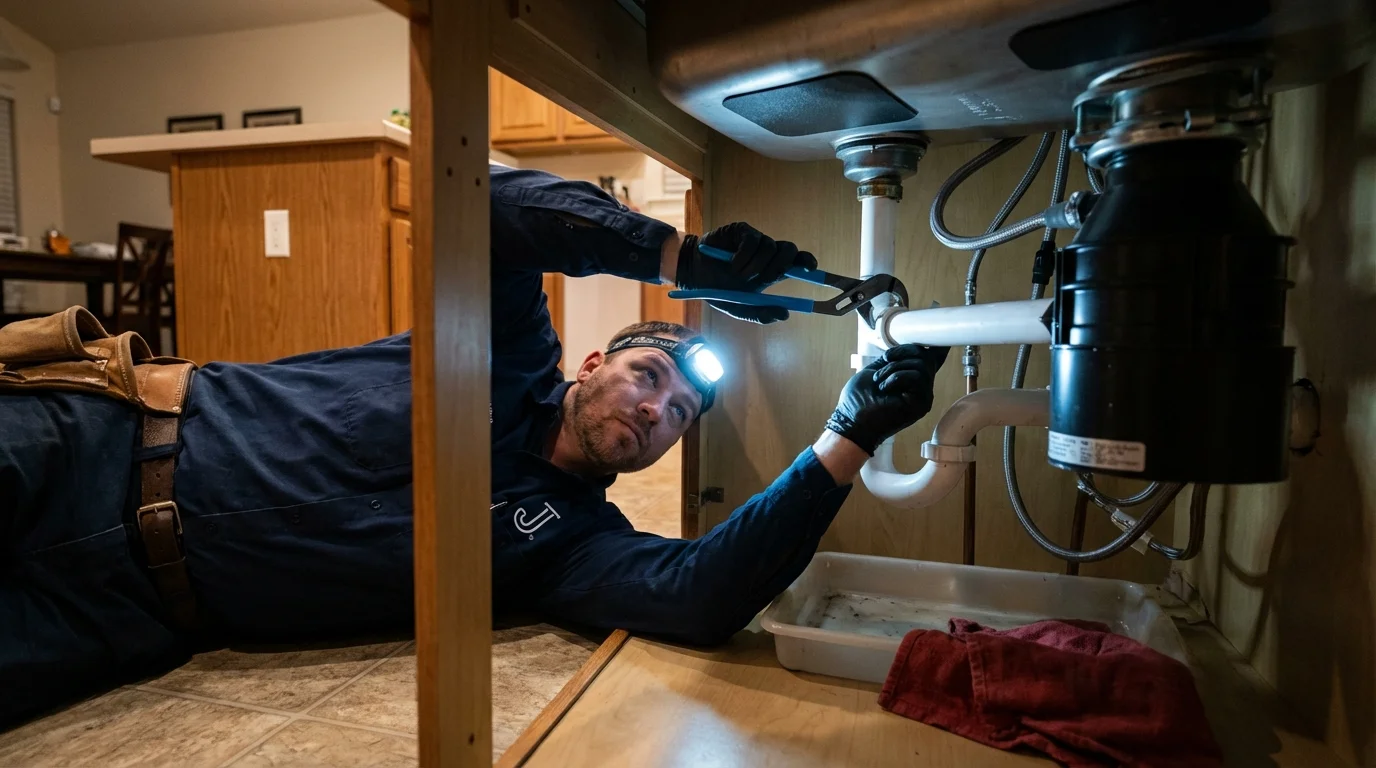 P-trap and supply line connections under a kitchen sink showing a common leak point in Santa Maria, CA